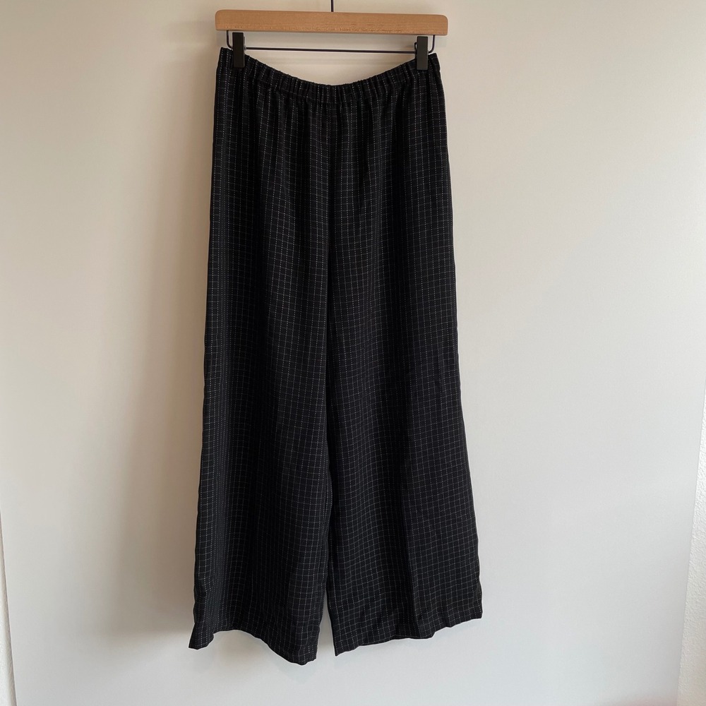 Chico's Design Black Plaid Wide Leg‎ Palazzo Pants Elastic Waist Size 1 Medium